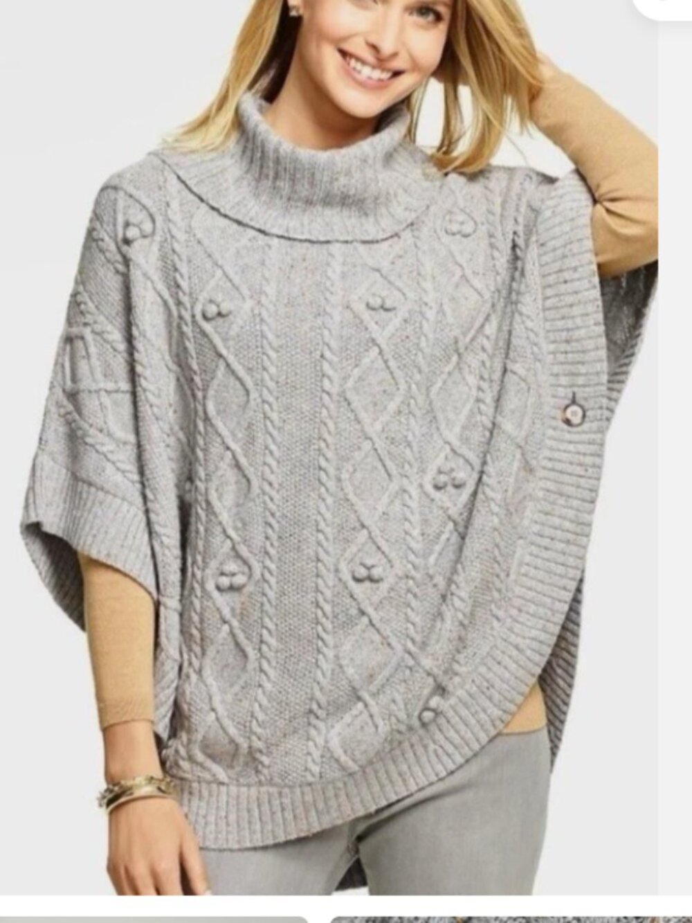 Talbots Cozy Wool Blend Cable-Knit Turtleneck Poncho Sweater Light Gray S